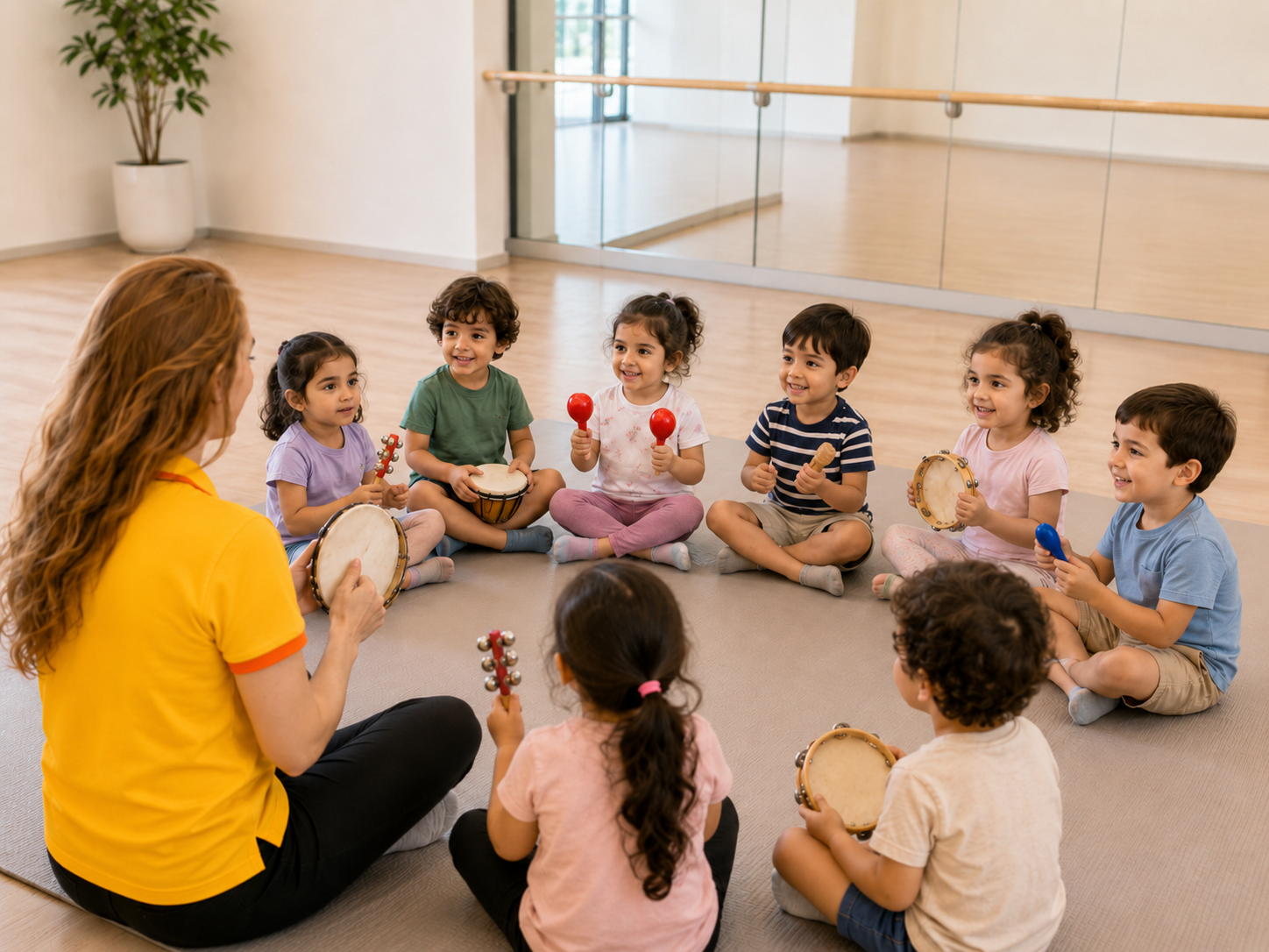 Instructor leading a group of young children in a music activity